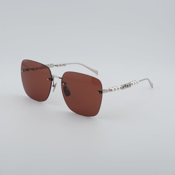 Gucci GG1923SA 002 Sunglasses Silver with Pearl Square Frame, Brown Lenses